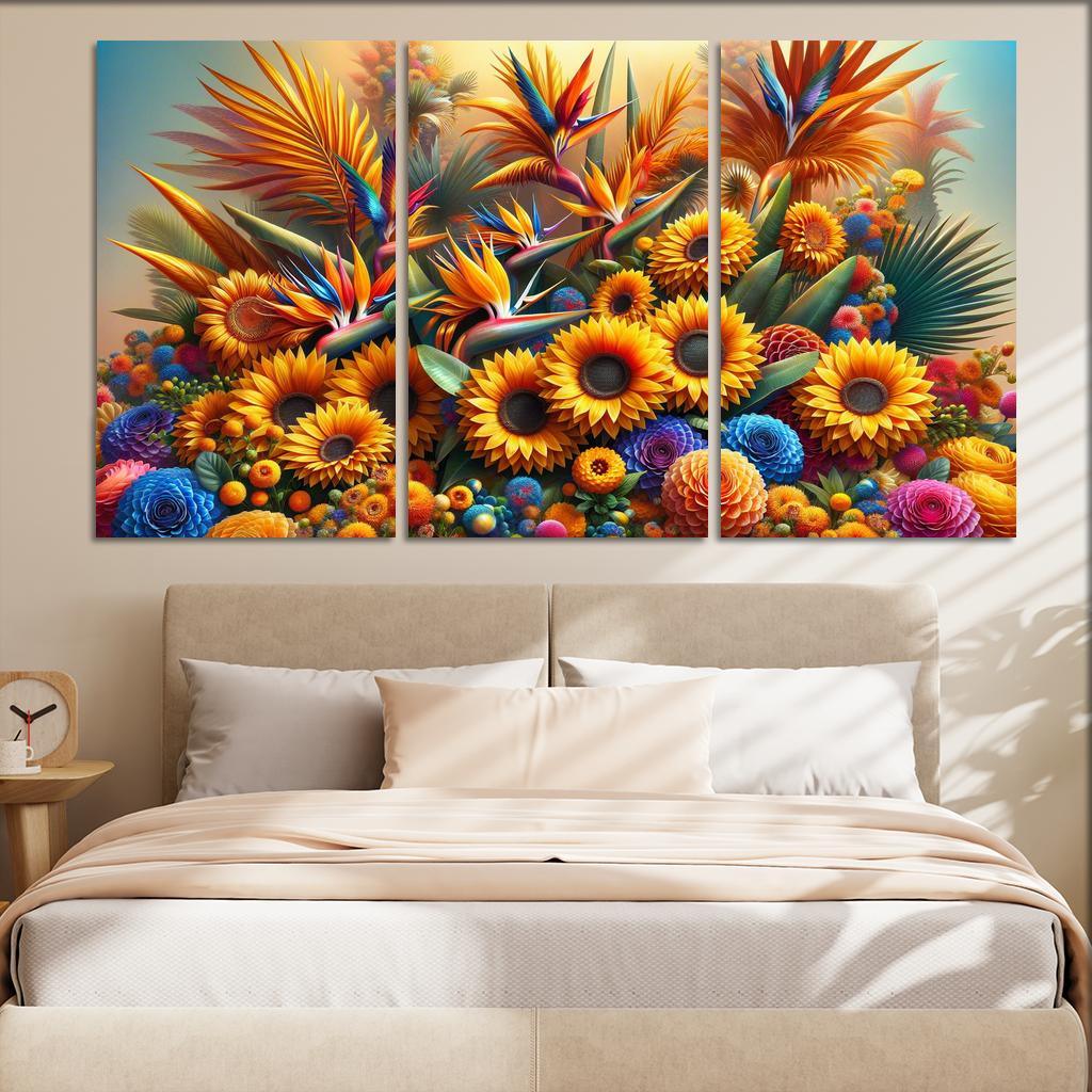 Festival of Colors A Celebration of Floral Diversity 3 Piece HD Canvas Wall Art-Original Frame