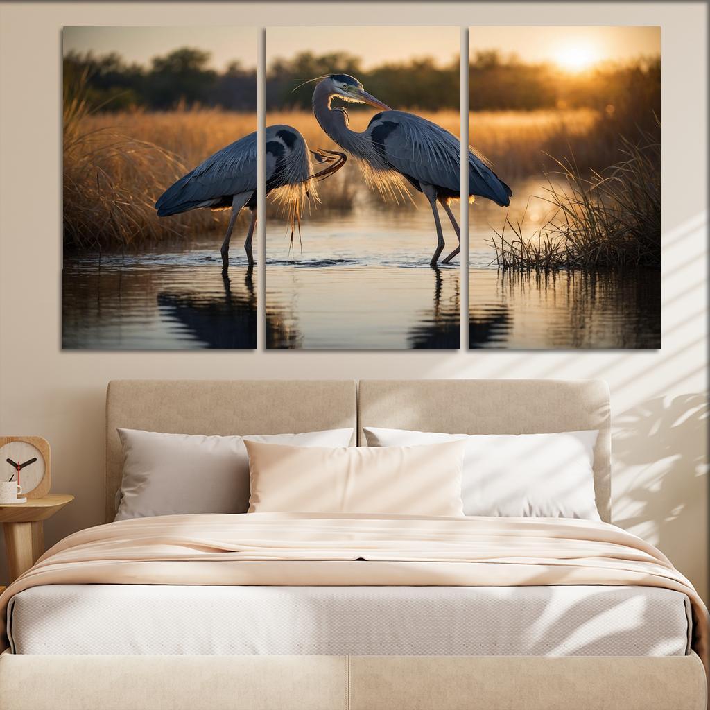 The Majestic Great Blue Heron By The Waterside Framed Paintings