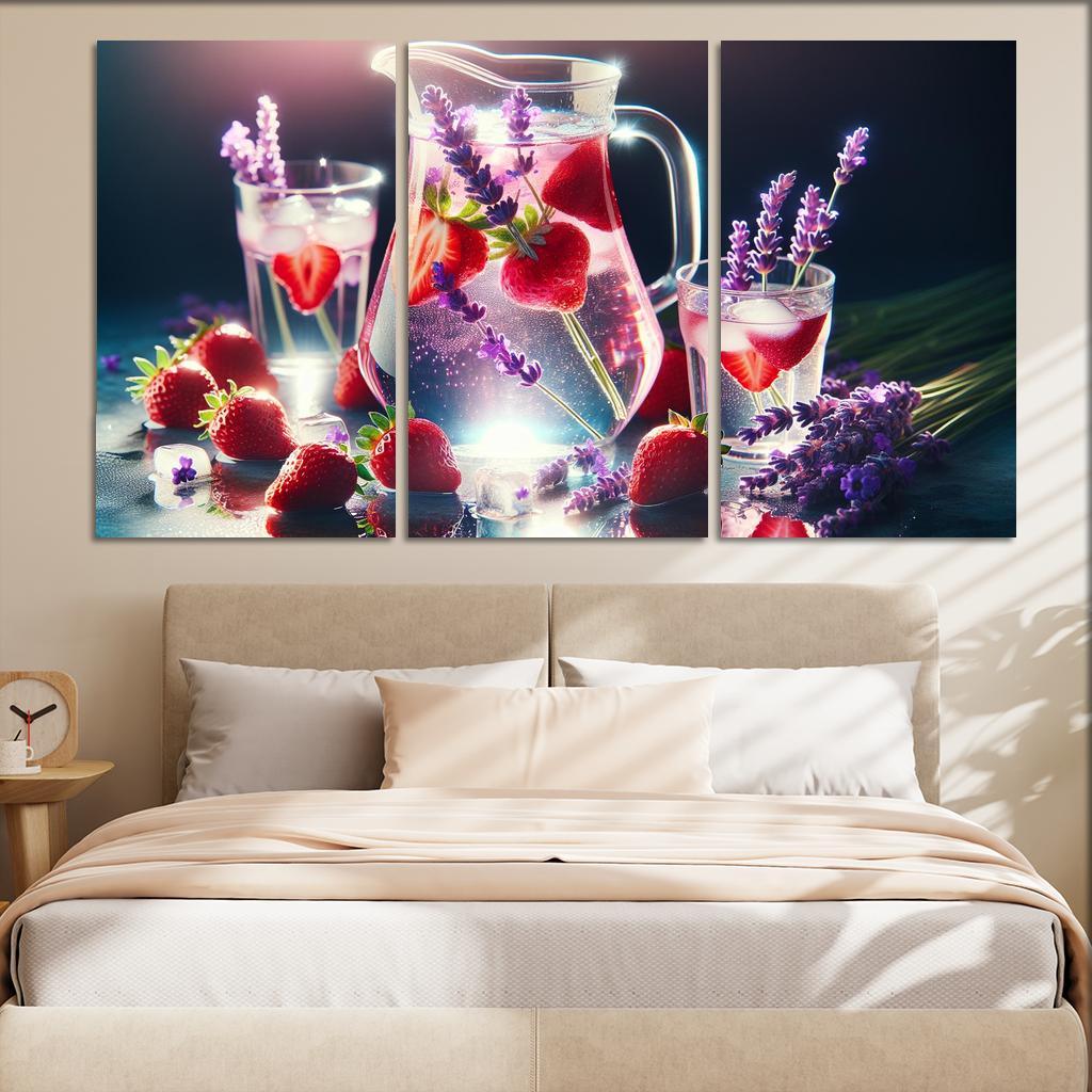 Strawberry Lavender Infused Water 3 Piece HD Canvas Wall Art-Original Frame