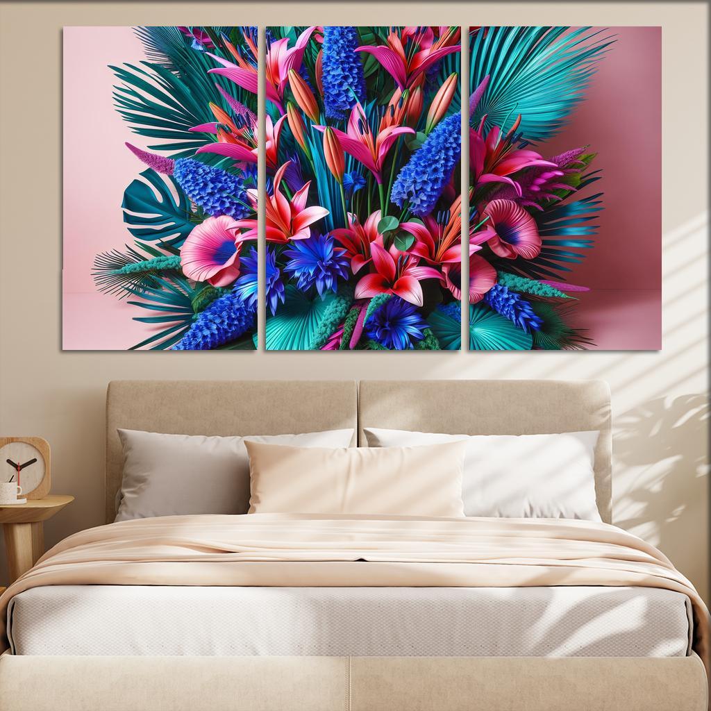 Glistening Tropics A Coastal Floral Experience 3 Piece HD Canvas Wall Art-Original Frame