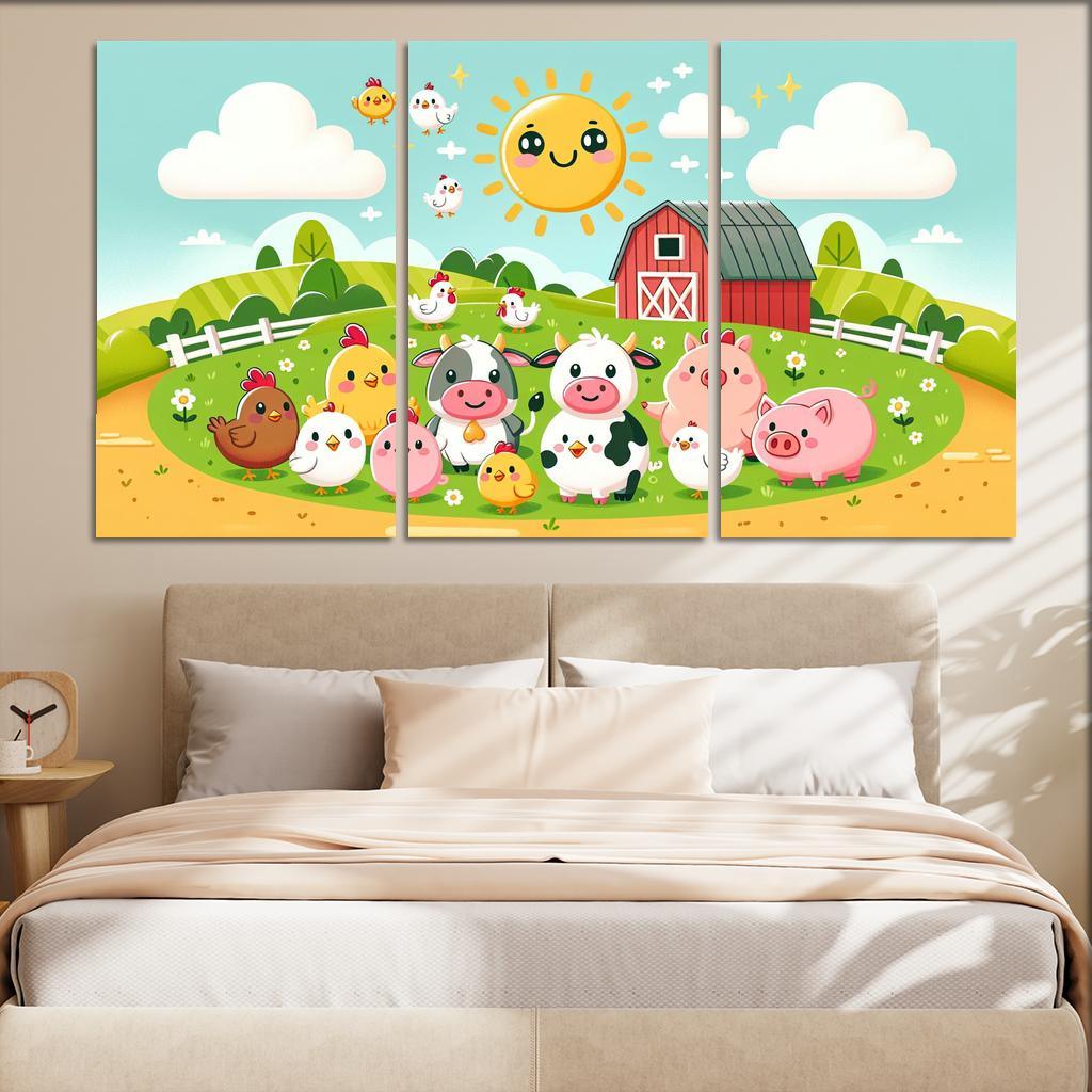 Frolicsome Farm Friends 3 Piece HD Canvas Wall Art-Original Frame