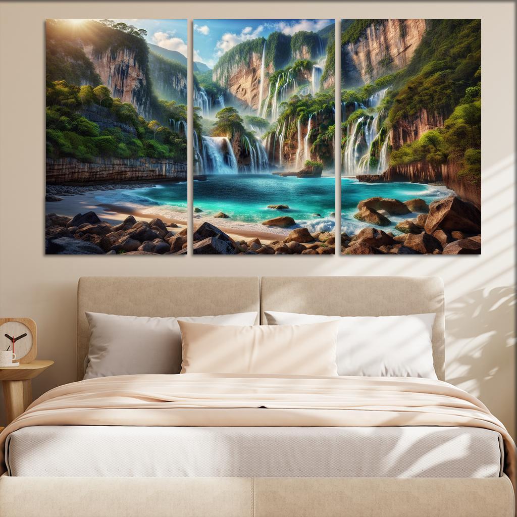 Cascading Waters Beach With Waterfalls Custom Paintings Frame