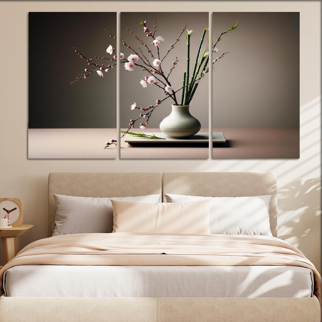 Japanese Serenity Ikebana Inspired Arrangement 3 Piece HD Canvas Wall Art-Original Frame