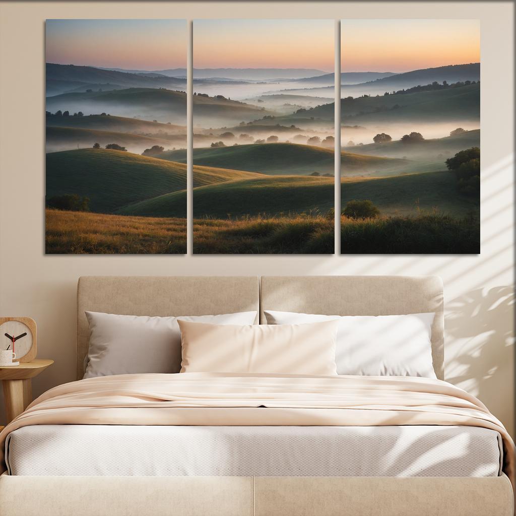 The Celestial Dawn Over Misty Hills Modern Paintings Frame