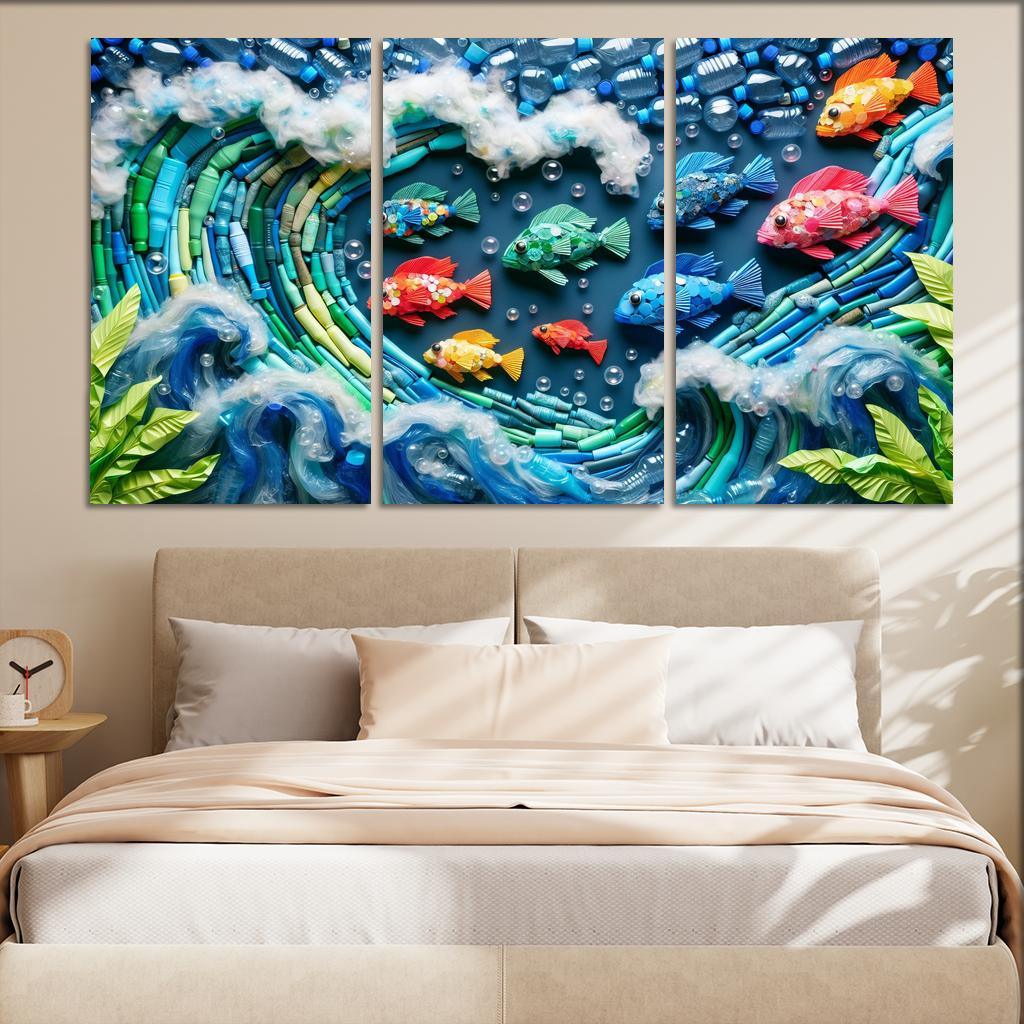 Plastic Ocean Art for Ocean Conservation 3 Piece HD Canvas Wall Art-Original Frame