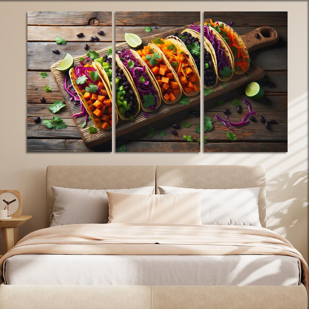 Savory Sweet Potato and Black Bean Tacos 3 Piece HD Canvas Wall Art-Original Frame
