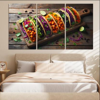 Savory Sweet Potato and Black Bean Tacos 3 Piece HD Canvas Wall Art-Original Frame