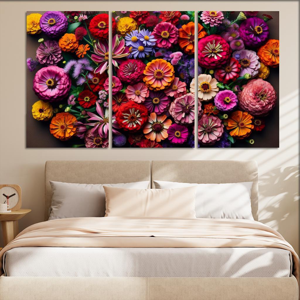 Floral Mosaic A Patchwork of Blooms 3 Piece HD Canvas Wall Art-Original Frame
