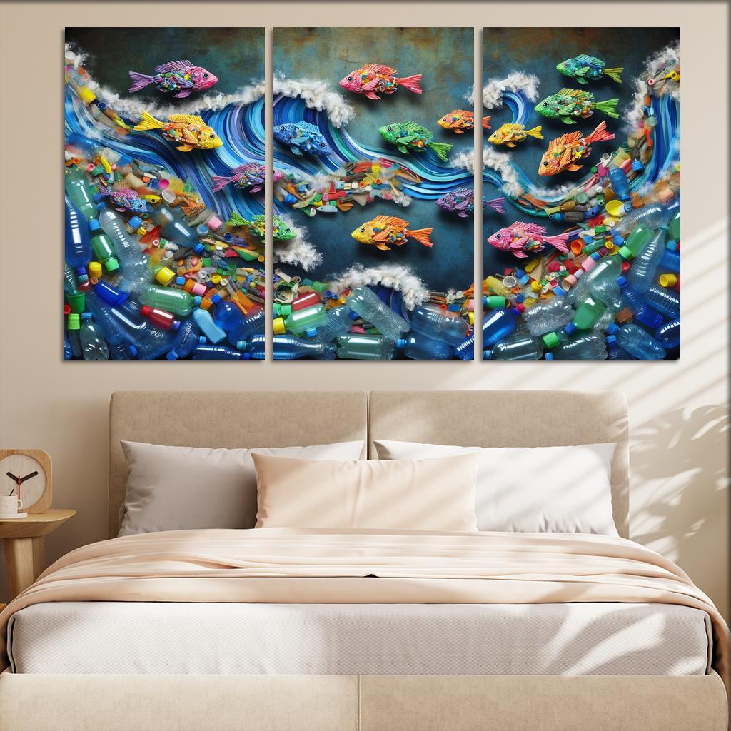 Plastic Ocean Art for Ocean Conservation 3 Piece HD Canvas Wall Art-Original Frame