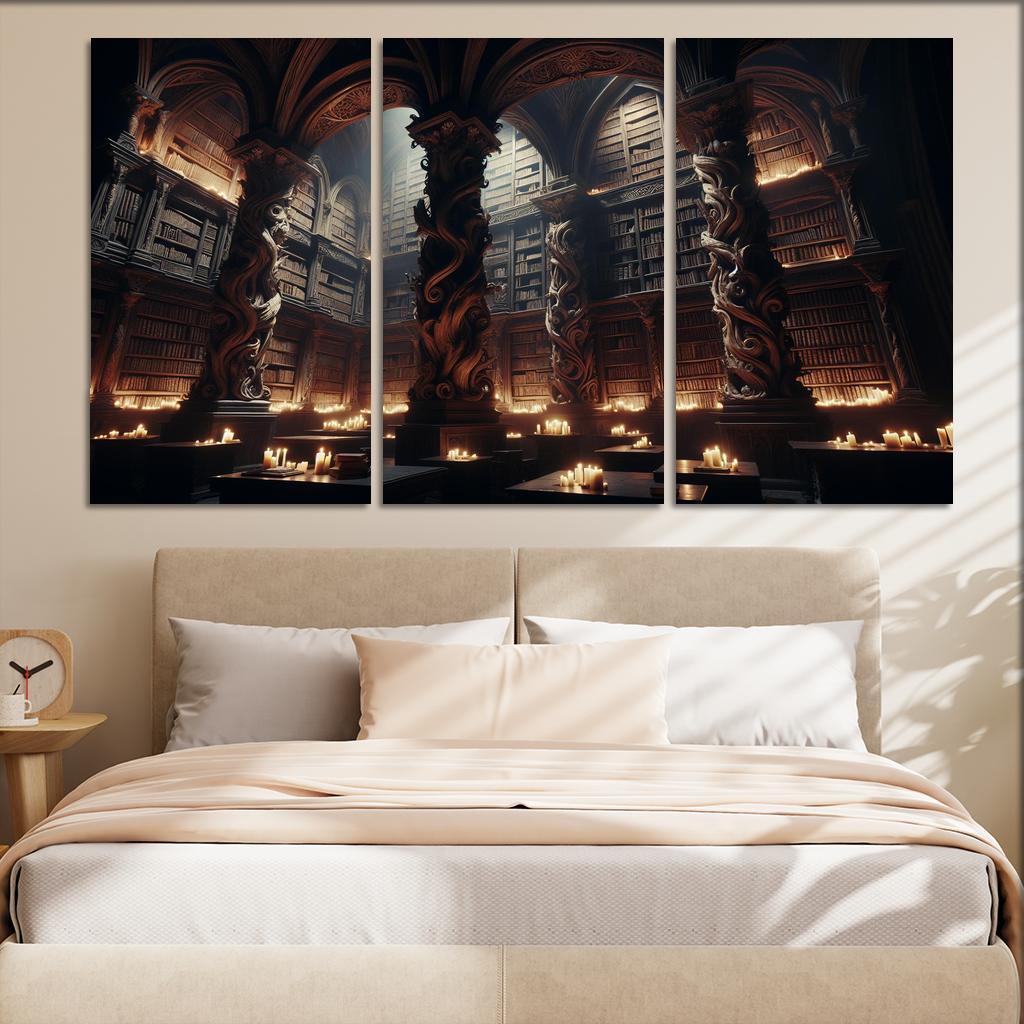 Phantom Library Enchanted Shelves of Darkness 3 Piece HD Canvas Wall Art-Original Frame