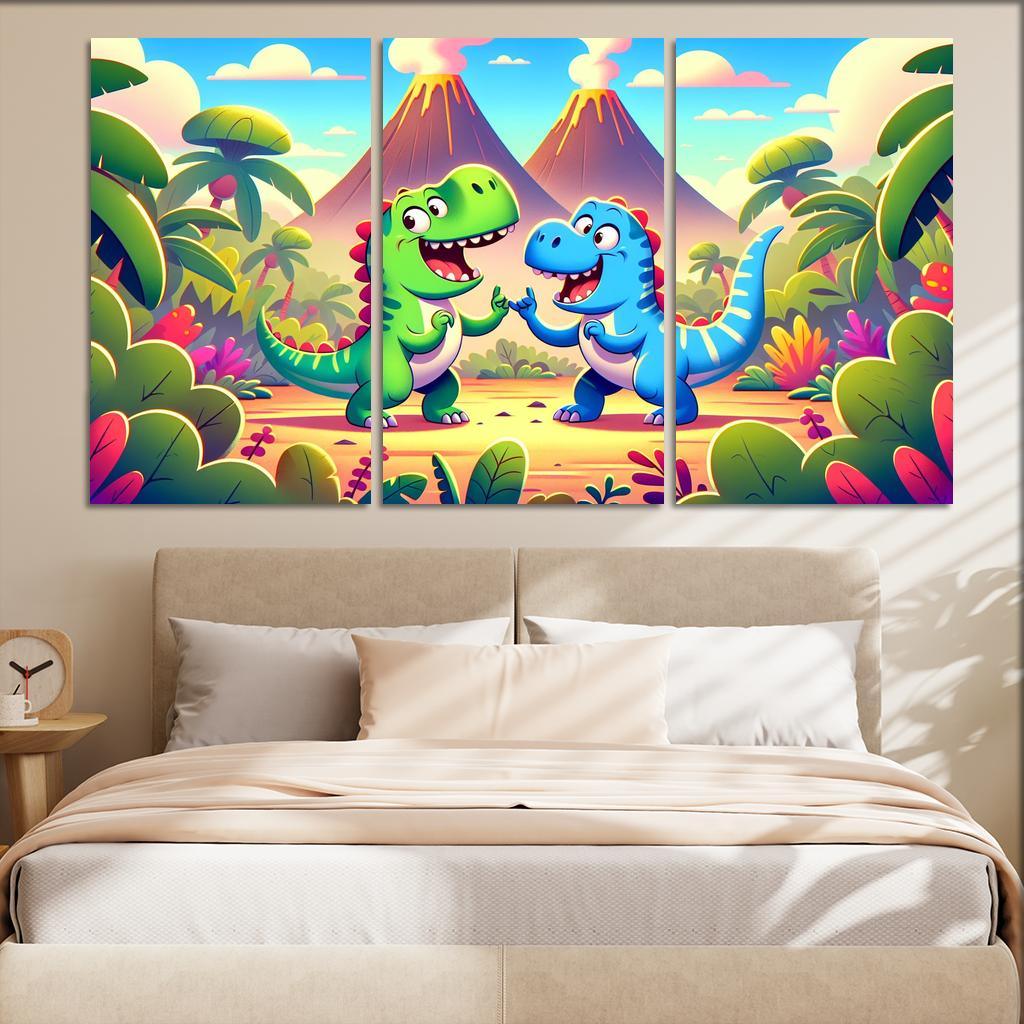 Dancing Dinosaur Duo 3 Piece HD Canvas Wall Art-Original Frame