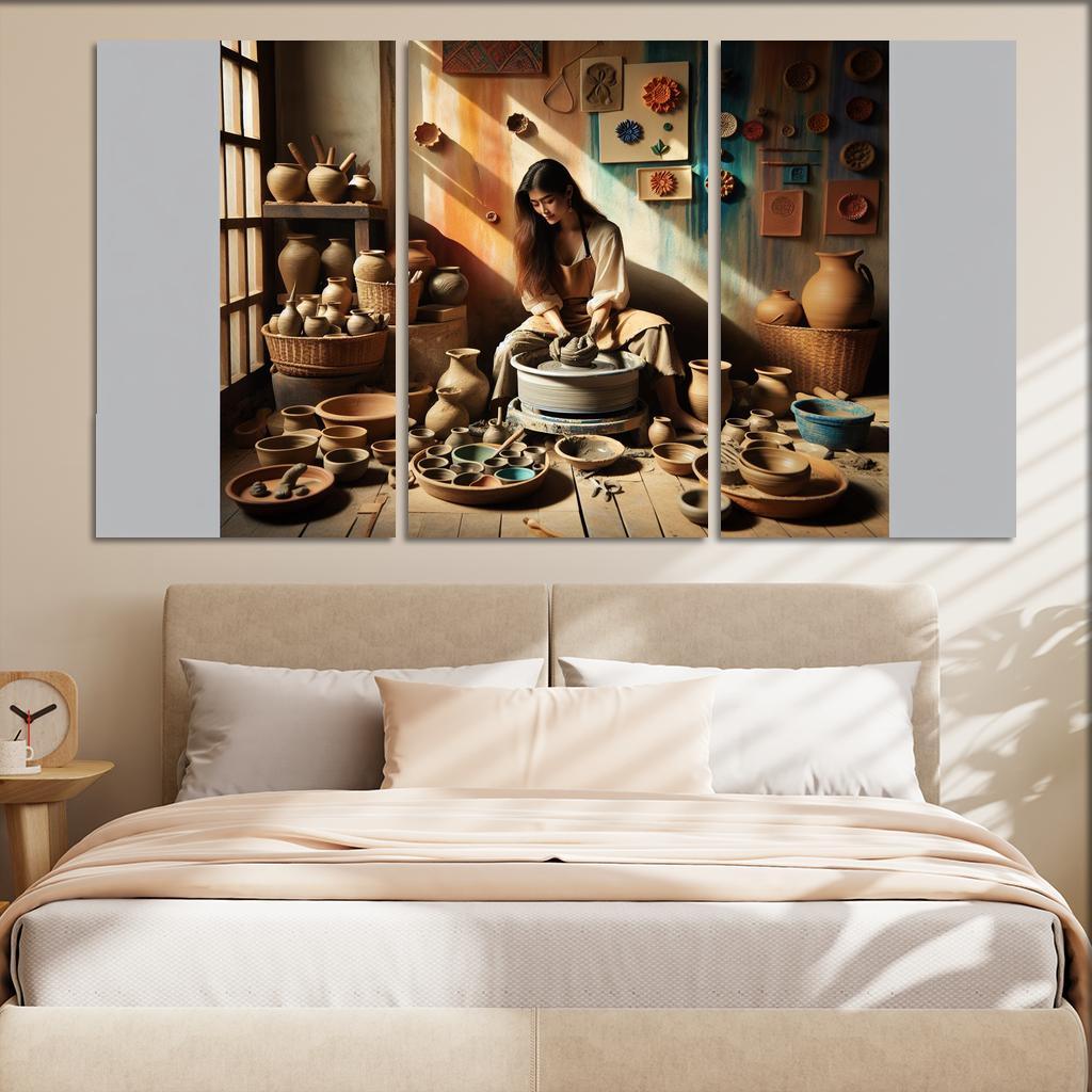 Pottery Wheel Throwing Shaping Your Imagination 3 Piece HD Canvas Wall Art-Original Frame