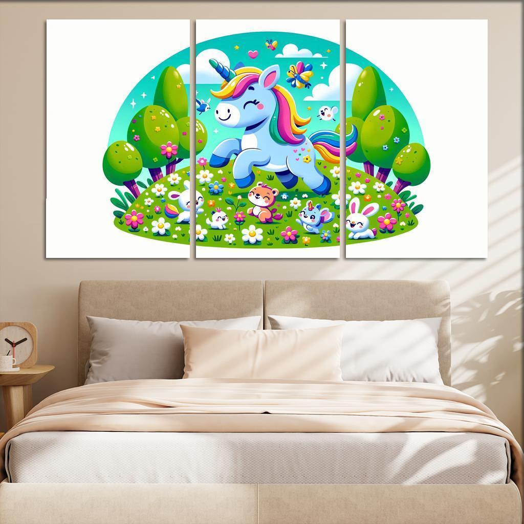 Rainbow Unicorn Friends 3 Piece HD Canvas Wall Art-Original Frame