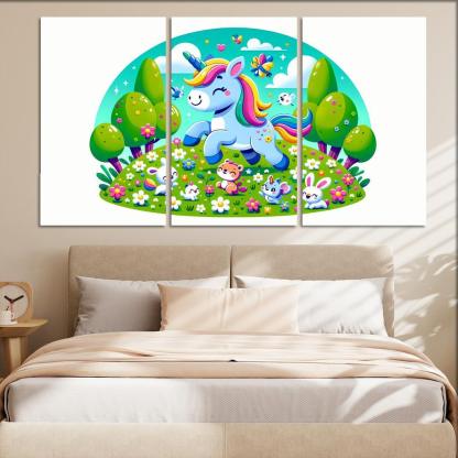 Rainbow Unicorn Friends 3 Piece HD Canvas Wall Art-Original Frame