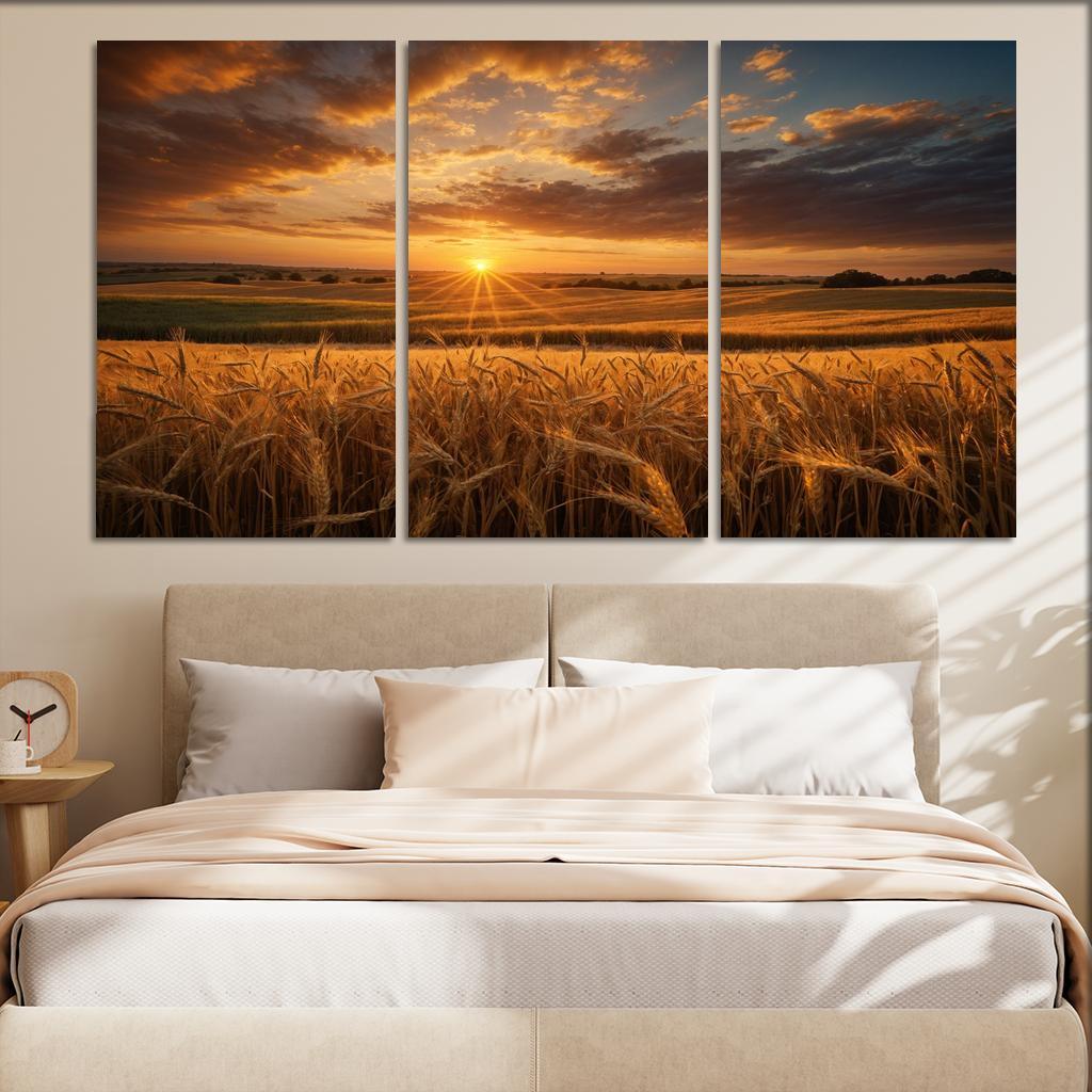 The Glorious Shades of Sunset on Rolling Fields 3 Piece HD Canvas Wall Art-Original Frame