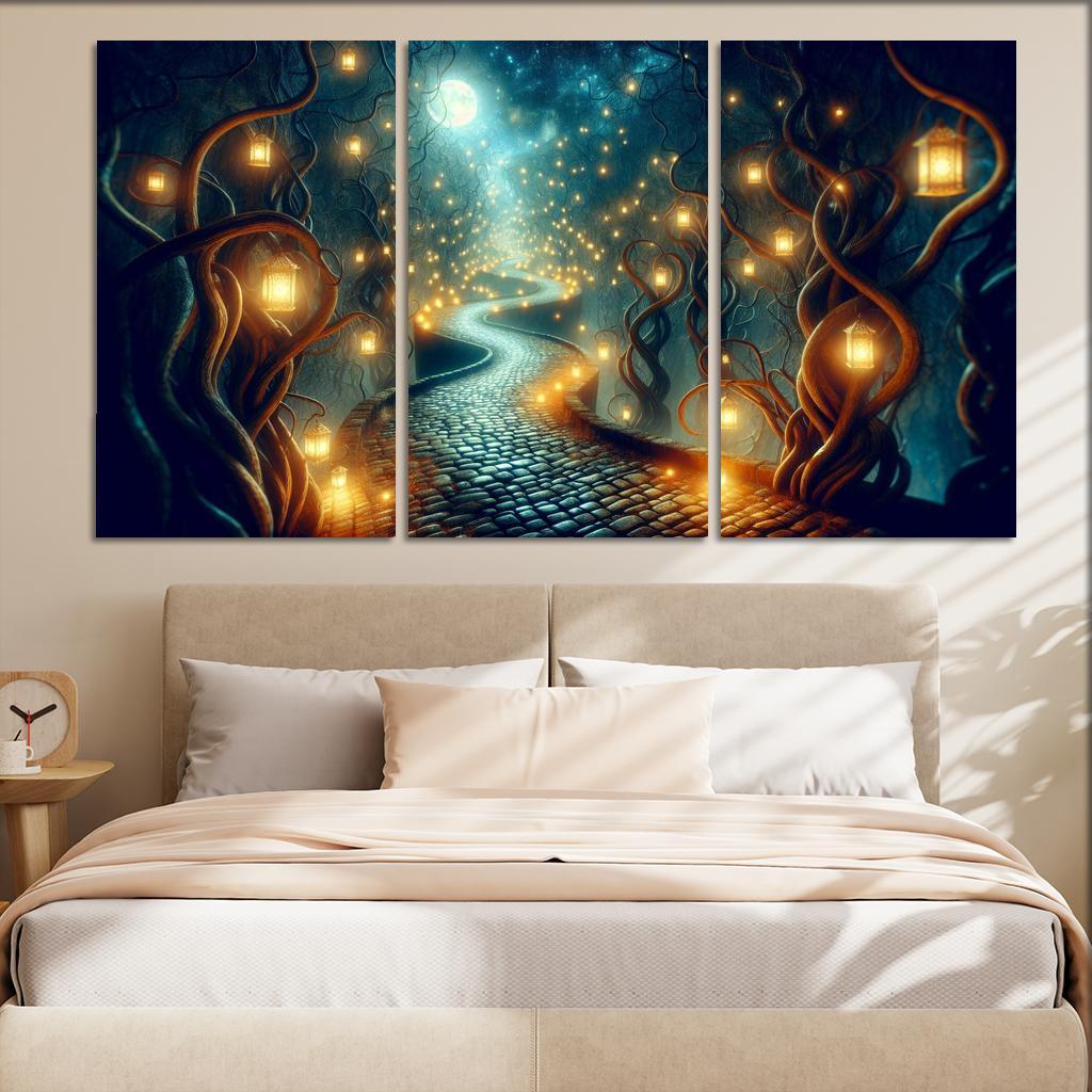 Moonlit Pathway The Journey of Shadows 3 Piece HD Canvas Wall Art-Original Frame