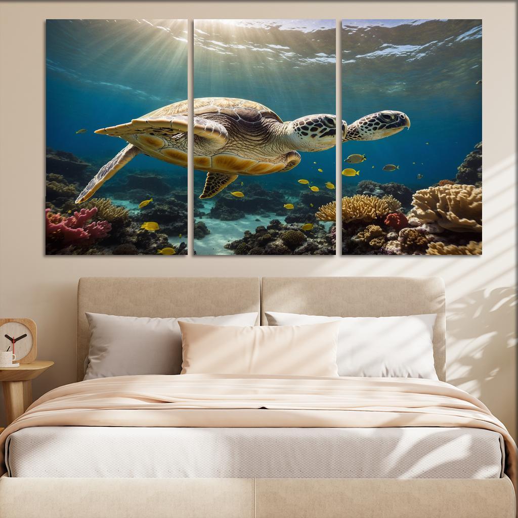 The Enigmatic Green Sea Turtle Gliding Through Coral Reefs Framed Paintings