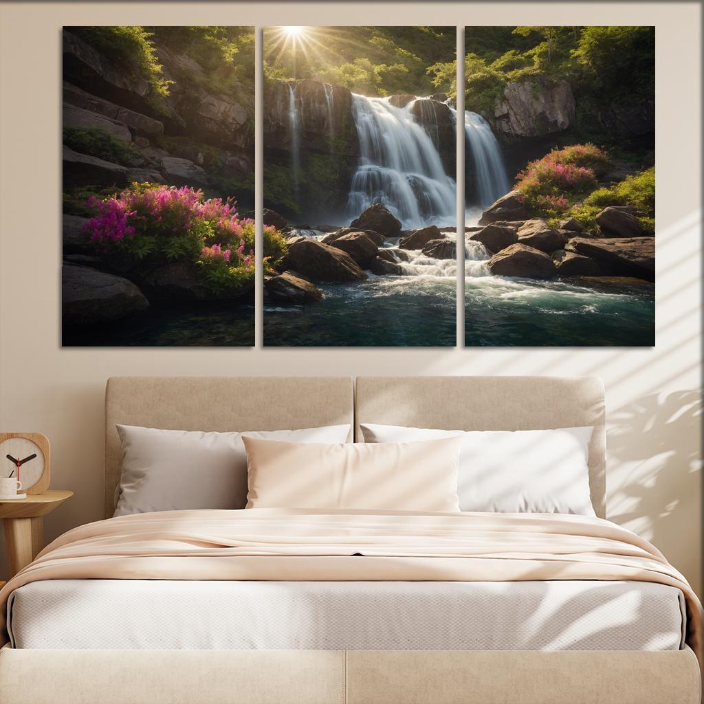 The Enchanted Cascade of Crystal Falls 3 Piece HD Canvas Wall Art-Original Frame