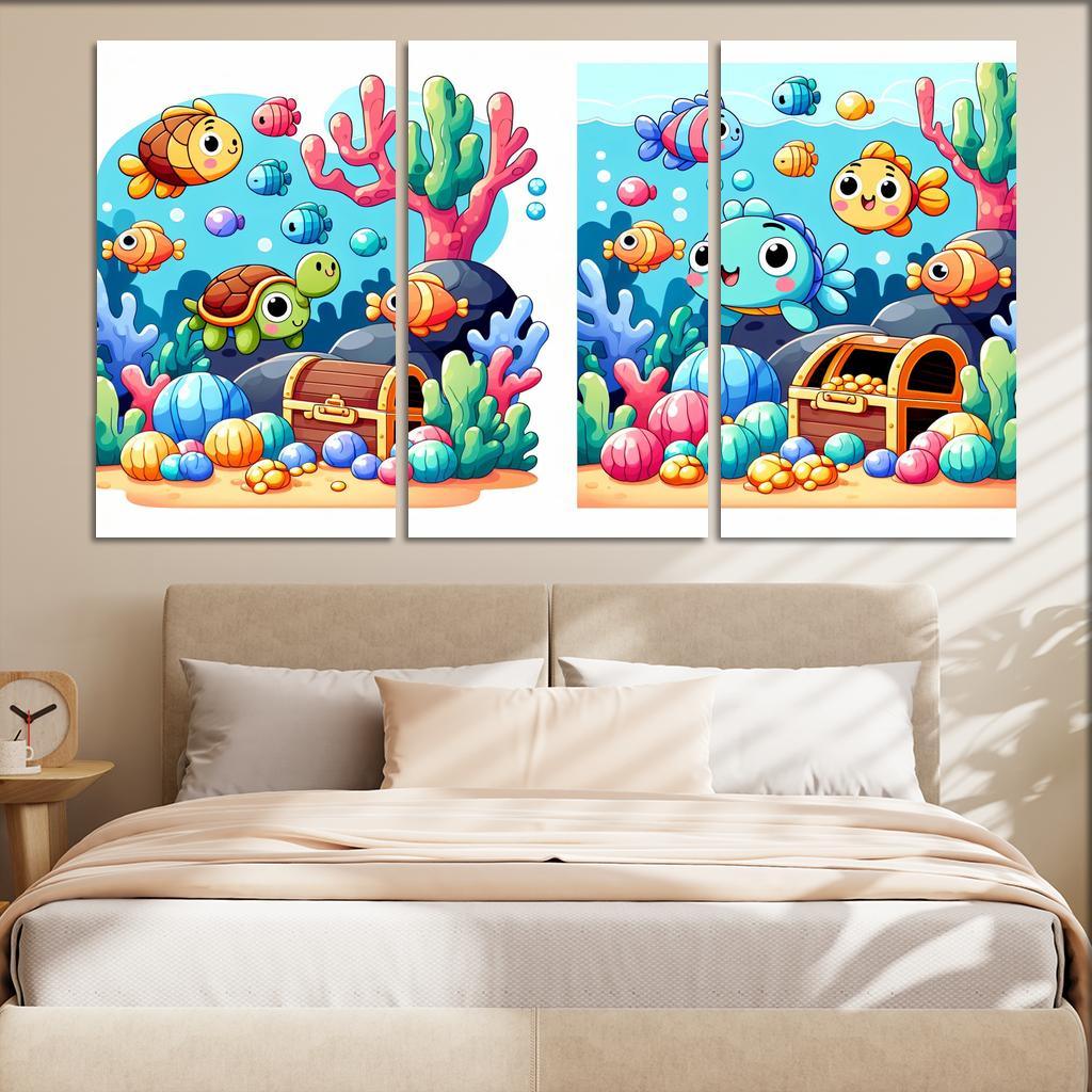 Underwater Treasure Hunt 3 Piece HD Canvas Wall Art-Original Frame