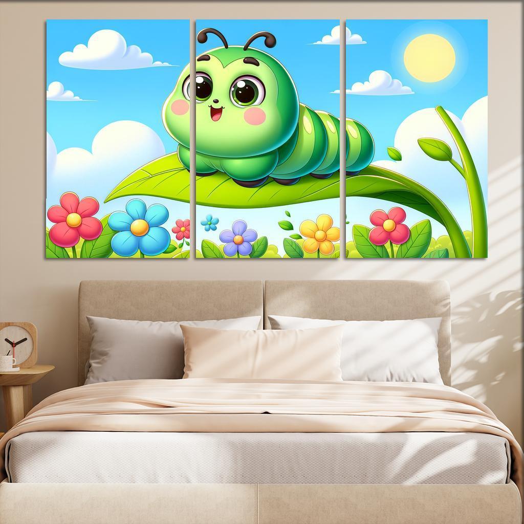 Cuddly Caterpillar Journey 3 Piece HD Canvas Wall Art-Original Frame