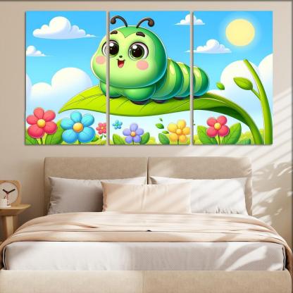 Cuddly Caterpillar Journey 3 Piece HD Canvas Wall Art-Original Frame