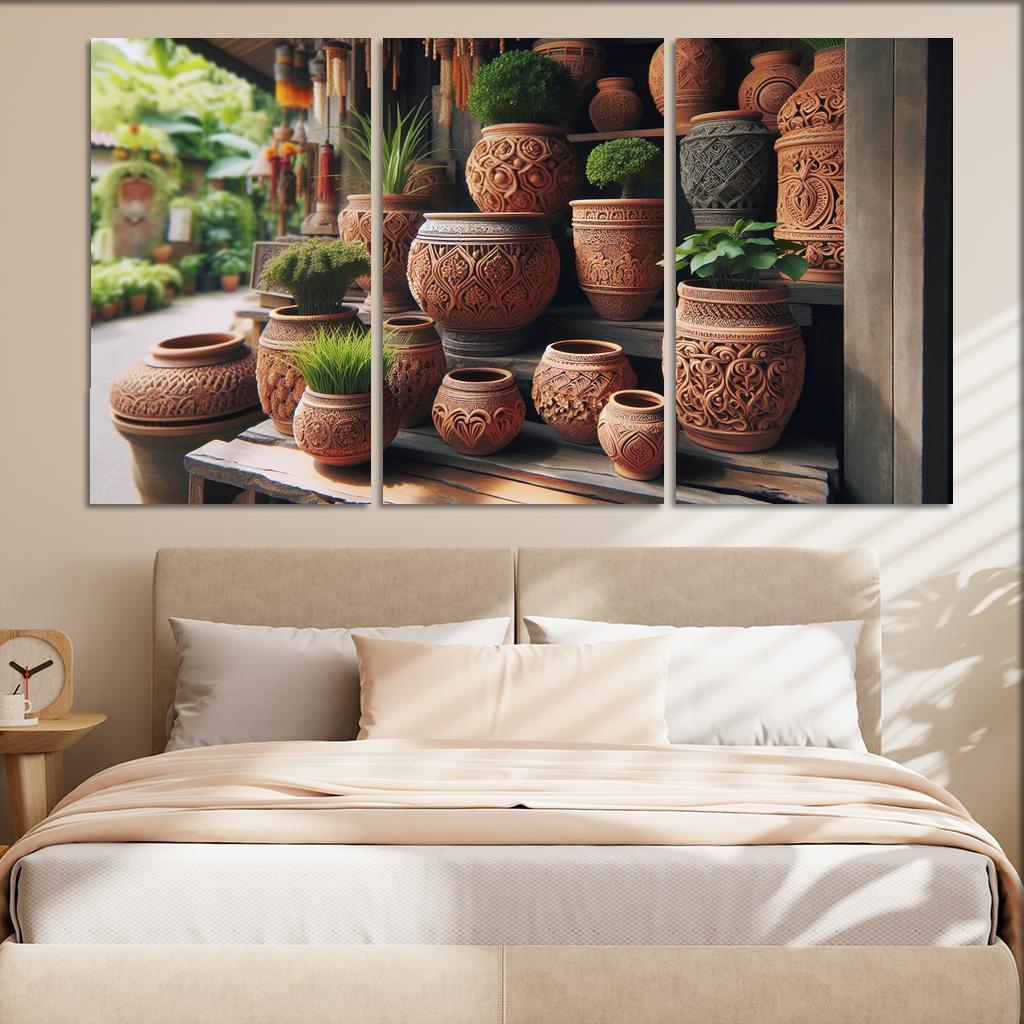 Handcrafted Terracotta Planters 3 Piece HD Canvas Wall Art-Original Frame