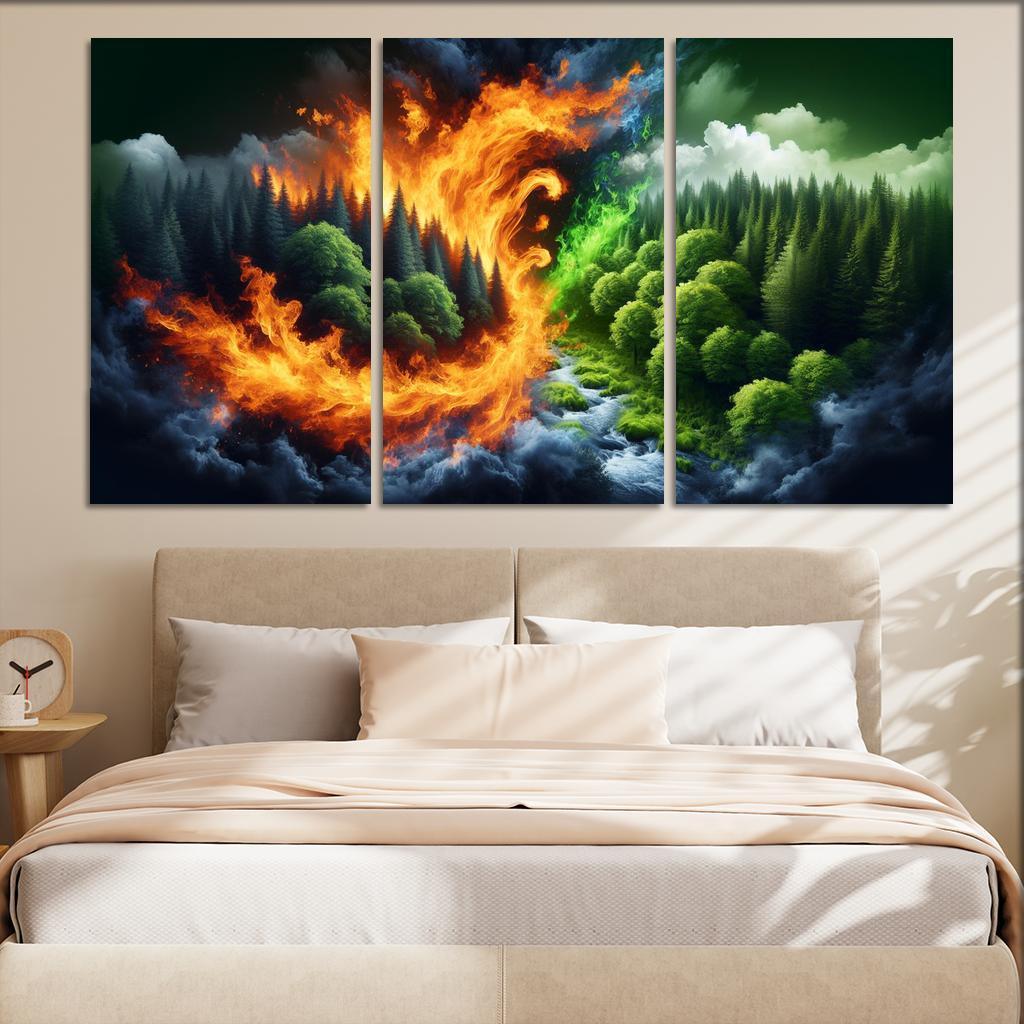 Flames of Awareness The Reality of Wildfires 3 Piece HD Canvas Wall Art-Original Frame