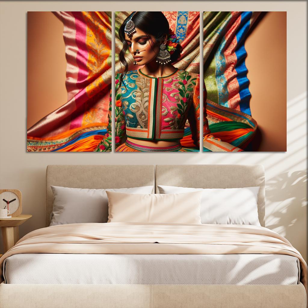 Ethnic Fusion Blending Cultures in Fashion 3 Piece HD Canvas Wall Art-Original Frame