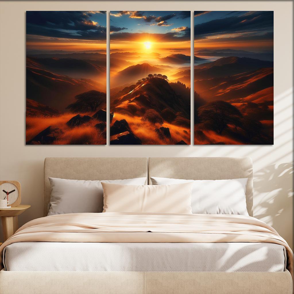 The Radiant Glow Of Sunrise Over Hilltops Custom Paintings Frame