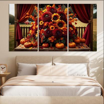Autumn's Embrace A Seasonal Floral Bounty 3 Piece HD Canvas Wall Art-Original Frame