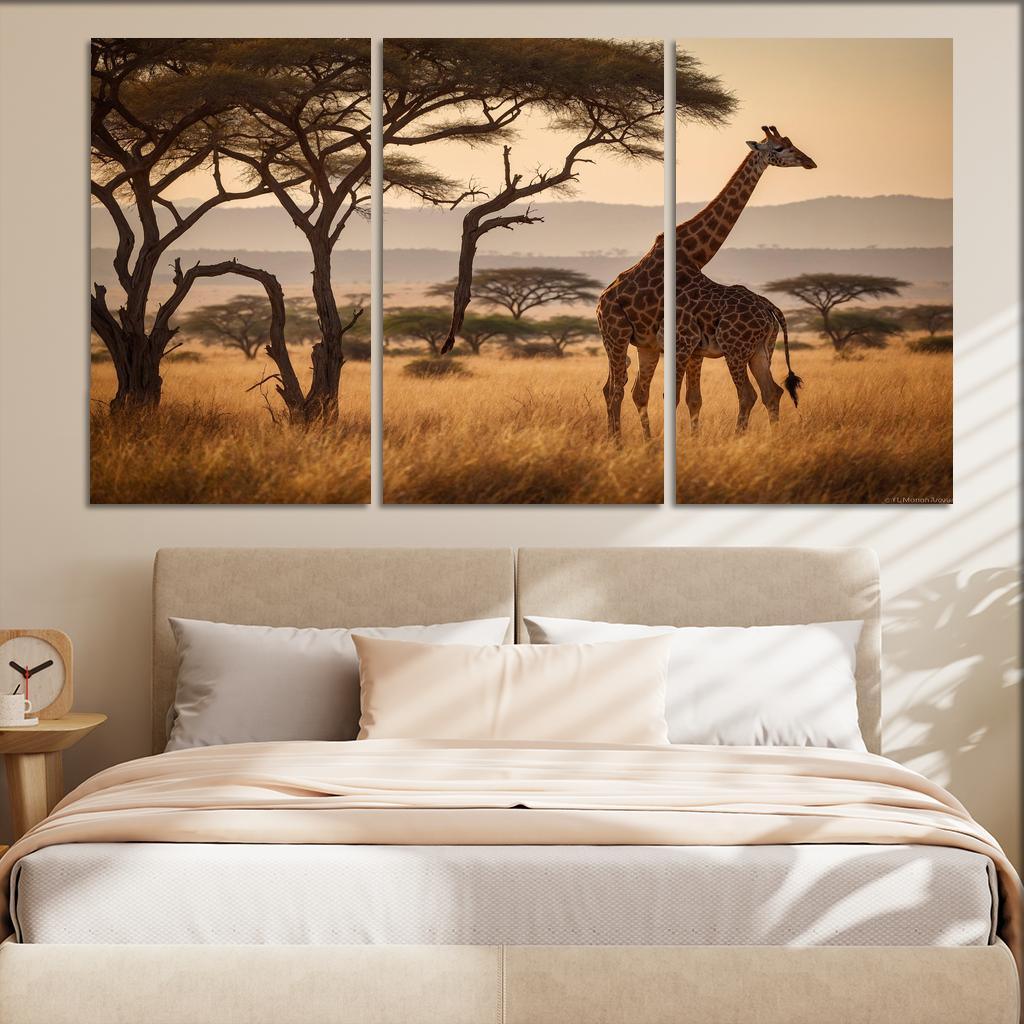 The Majestic Giraffe Grazing On Acacia Trees Framed Paintings