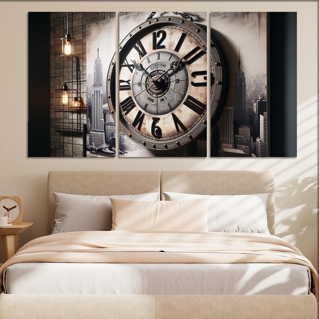 Industrial-Style Wall Clock with Distressed Finish 3 Piece HD Canvas Wall Art-Original Frame