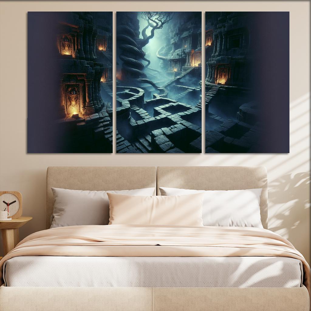 Eclipsed Labyrinth The Maze of Shadows 3 Piece HD Canvas Wall Art-Original Frame