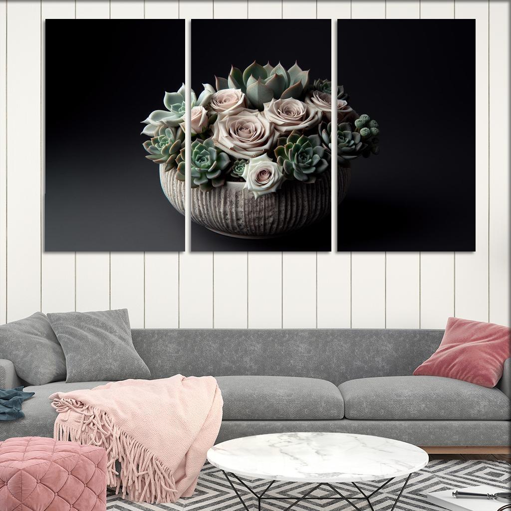 Whispers of the Desert Succulent Floral Fusion 3 Piece HD Canvas Wall Art-Original Frame