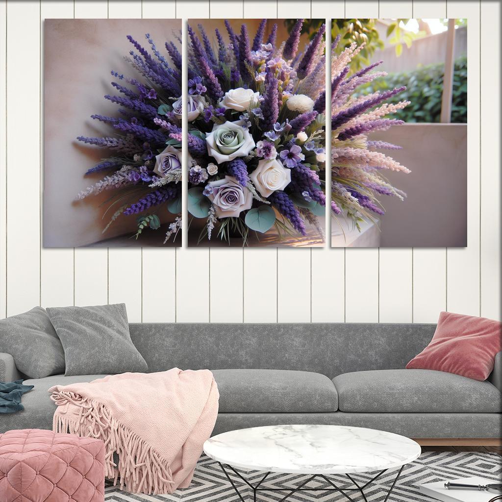 Lavender Dreams A Calming Floral Design 3 Piece HD Canvas Wall Art-Original Frame
