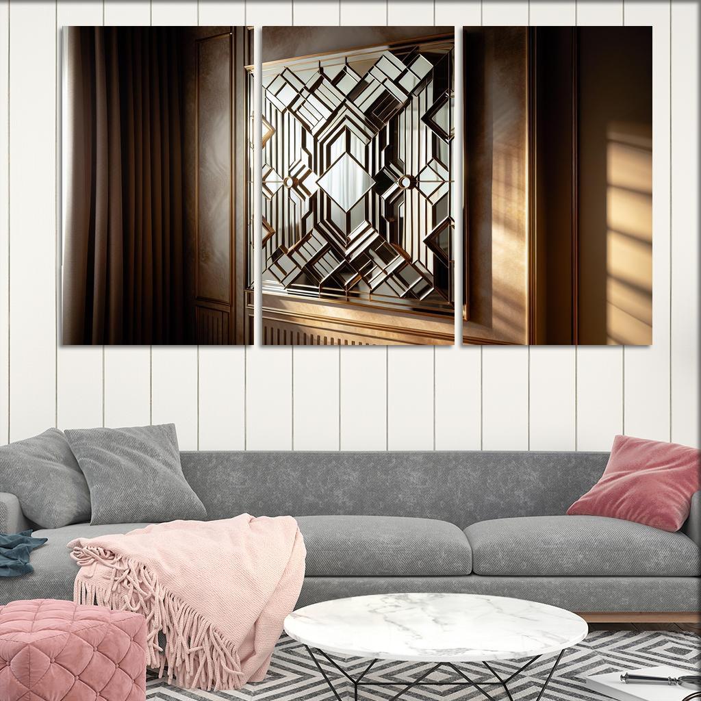 Art Deco Mirror with Geometric Design 3 Piece HD Canvas Wall Art-Original Frame