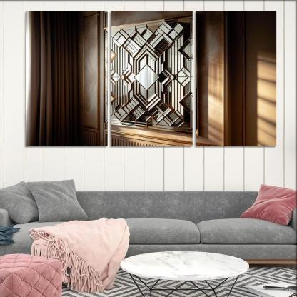 Art Deco Mirror with Geometric Design 3 Piece HD Canvas Wall Art-Original Frame