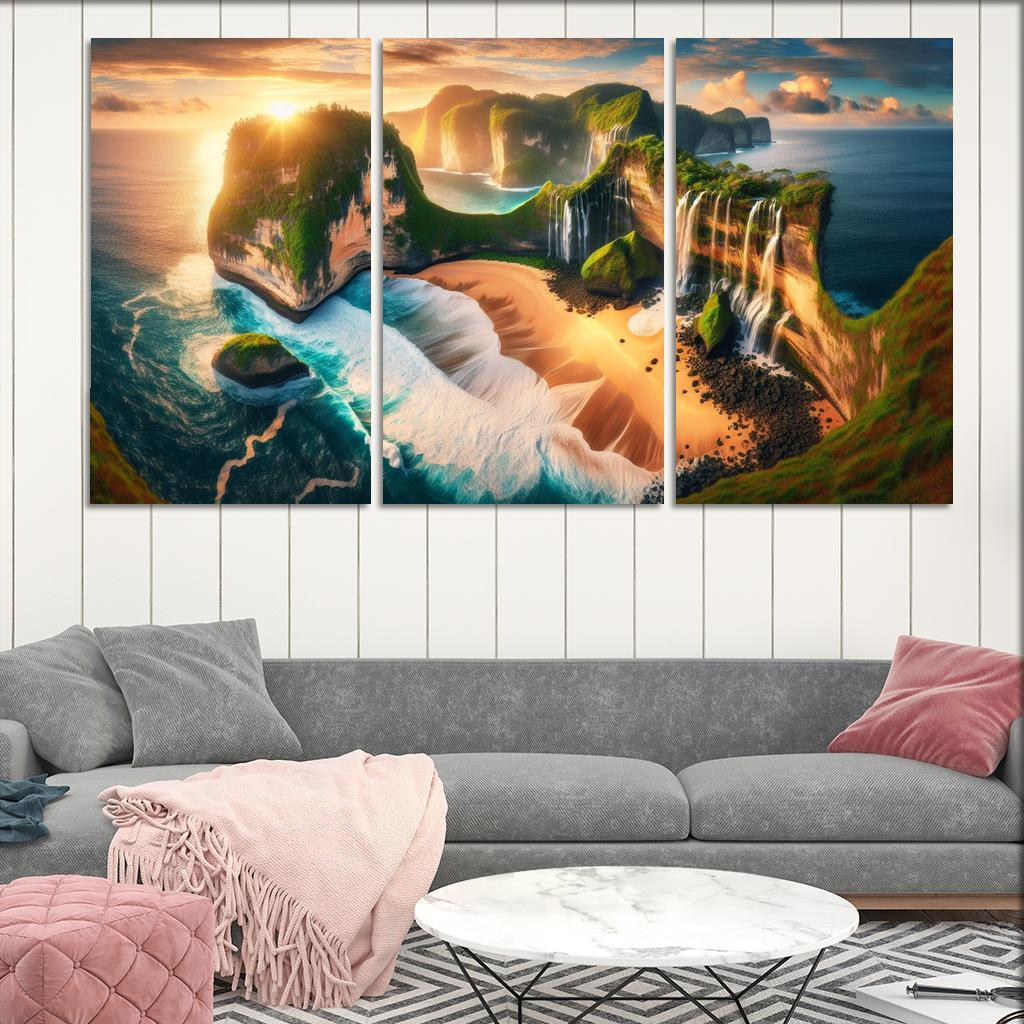 Cascading Waterfalls Beach Natural Wonder Oil Paintings Frame