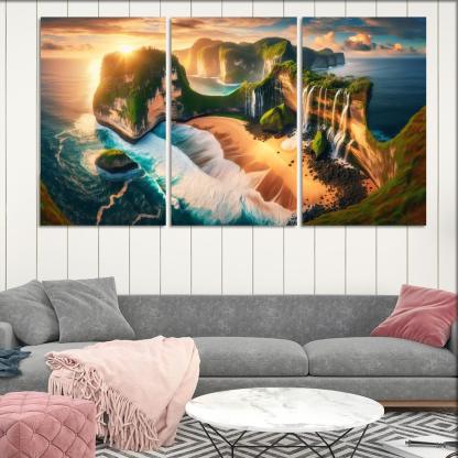 Cascading Waterfalls Beach Natural Wonder Oil Paintings Frame