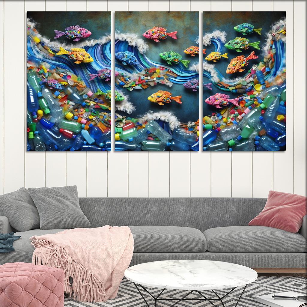 Plastic Ocean Art for Ocean Conservation 3 Piece HD Canvas Wall Art-Original Frame