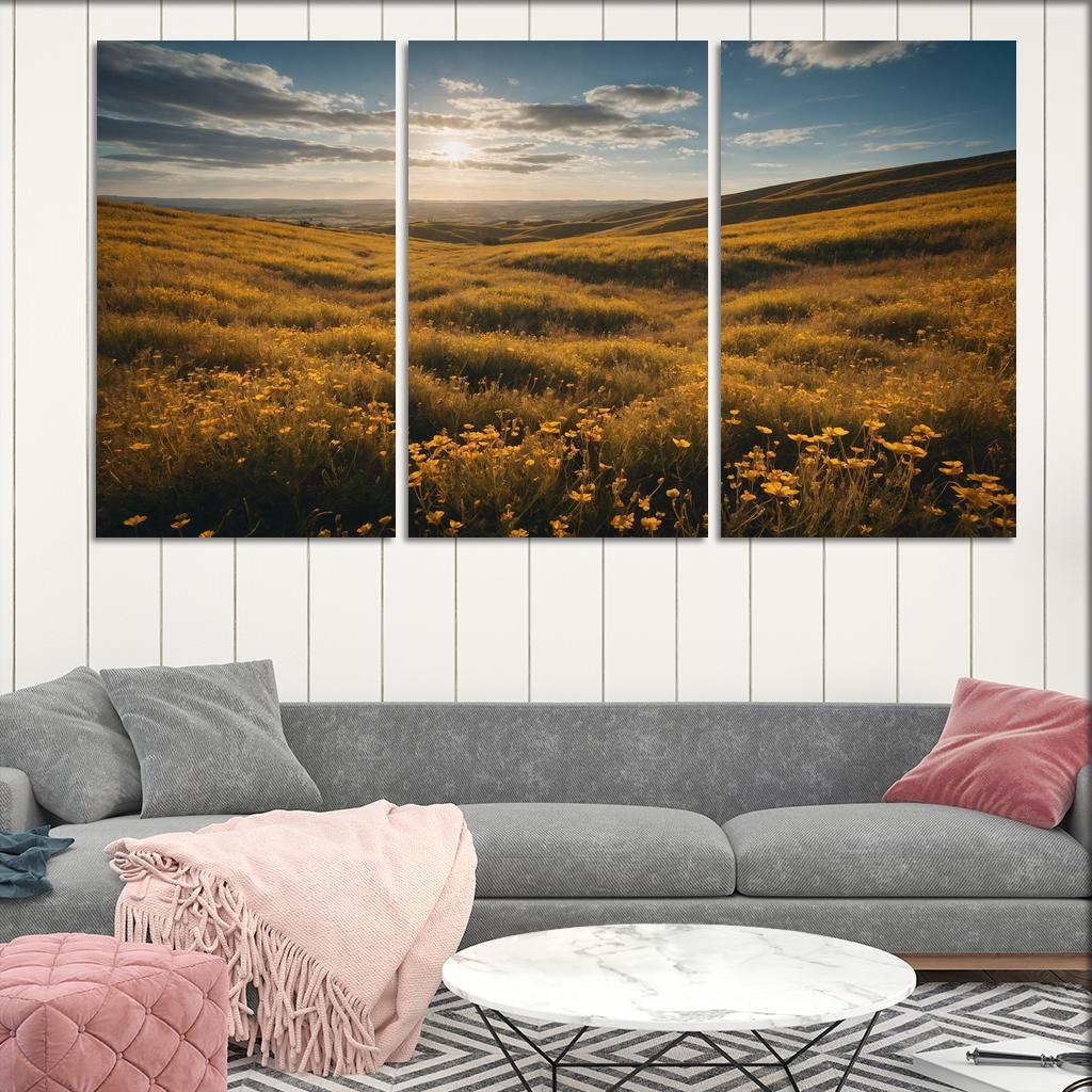 The Elysian Fields Of Golden Wildflowers Multi-panel Paintings