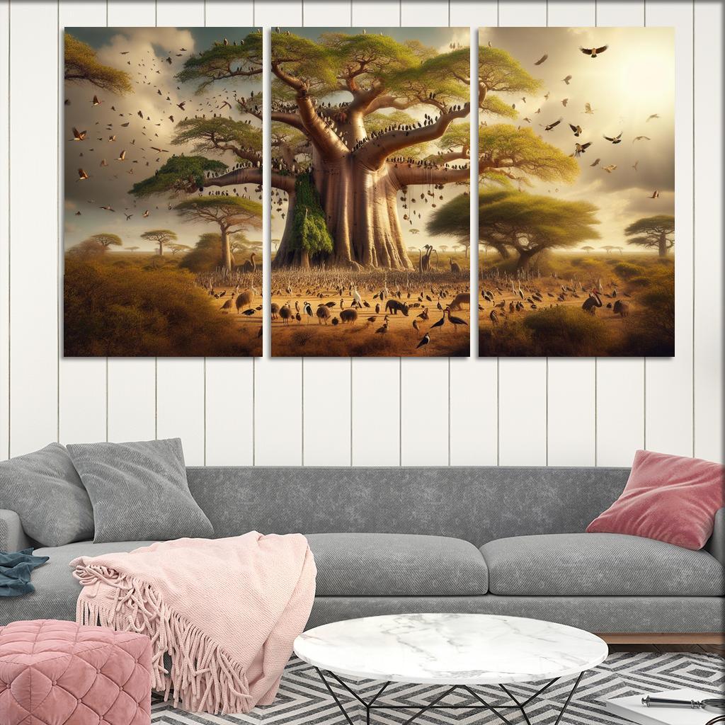 The Forgotten Giants The Baobab Tree and Its Ecosystem 3 Piece HD Canvas Wall Art-Original Frame