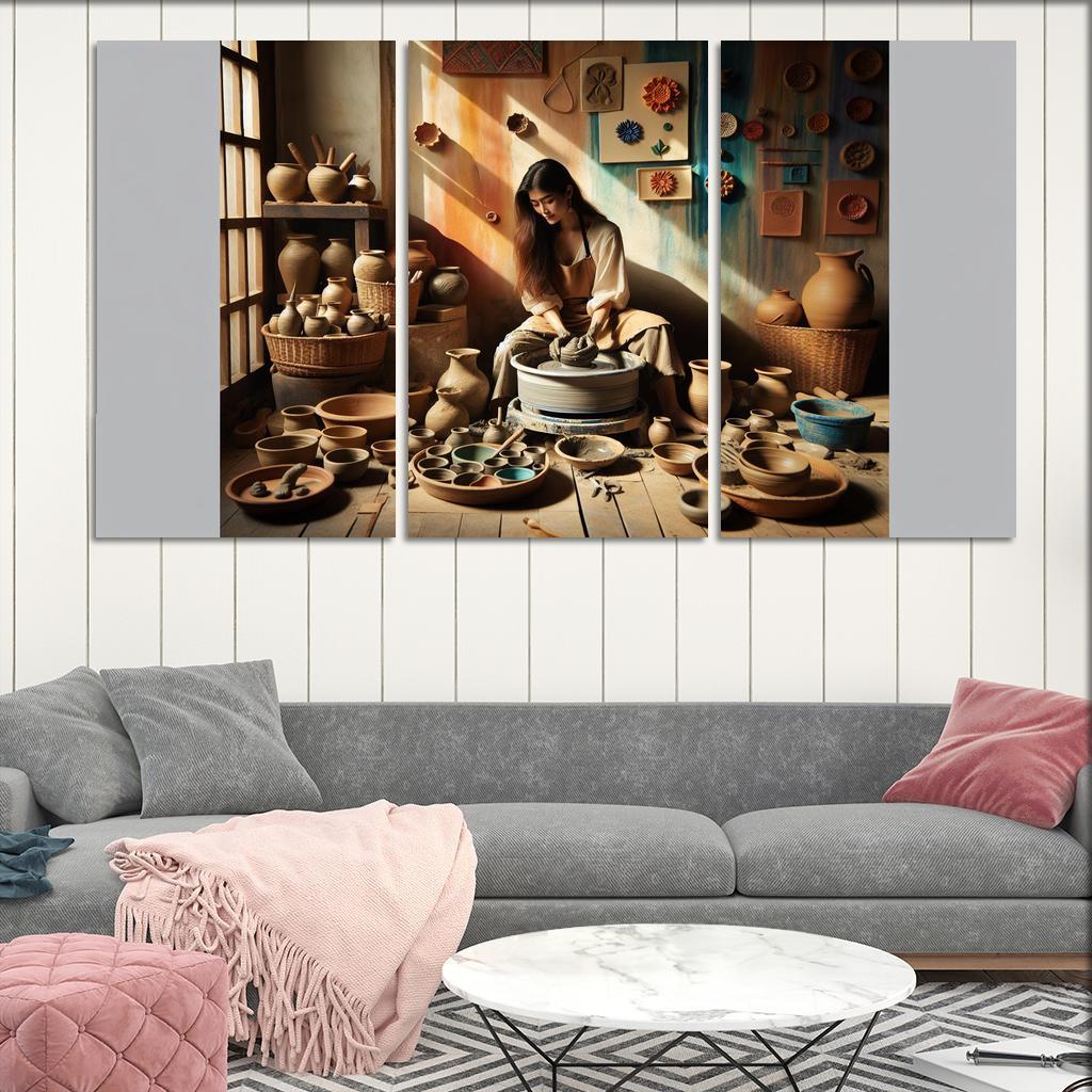Pottery Wheel Throwing Shaping Your Imagination 3 Piece HD Canvas Wall Art-Original Frame