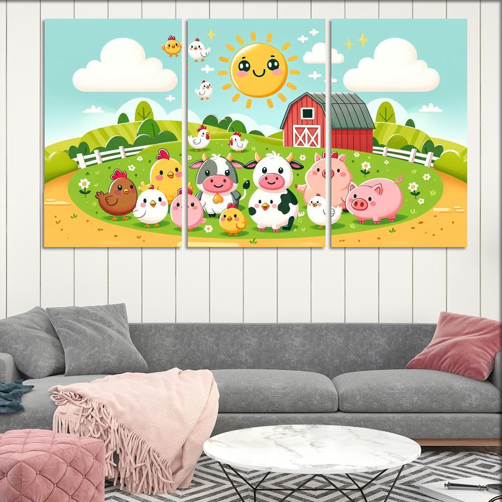 Frolicsome Farm Friends 3 Piece HD Canvas Wall Art-Original Frame