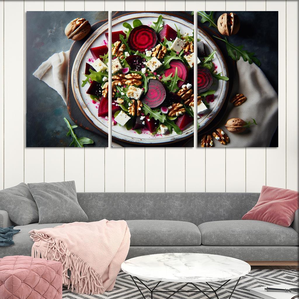 Beetroot and Feta Salad with Walnut Dressing 3 Piece HD Canvas Wall Art-Original Frame