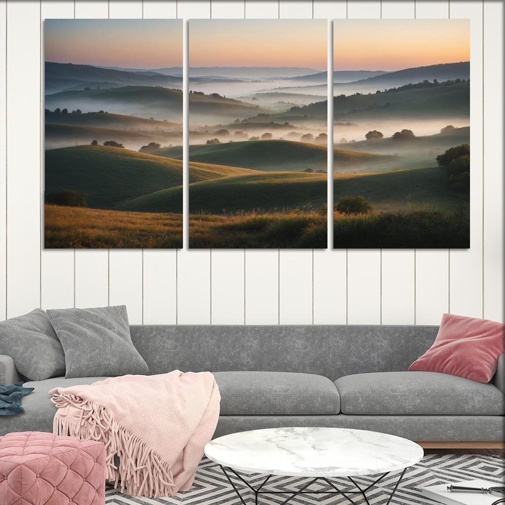 The Celestial Dawn Over Misty Hills Modern Paintings Frame