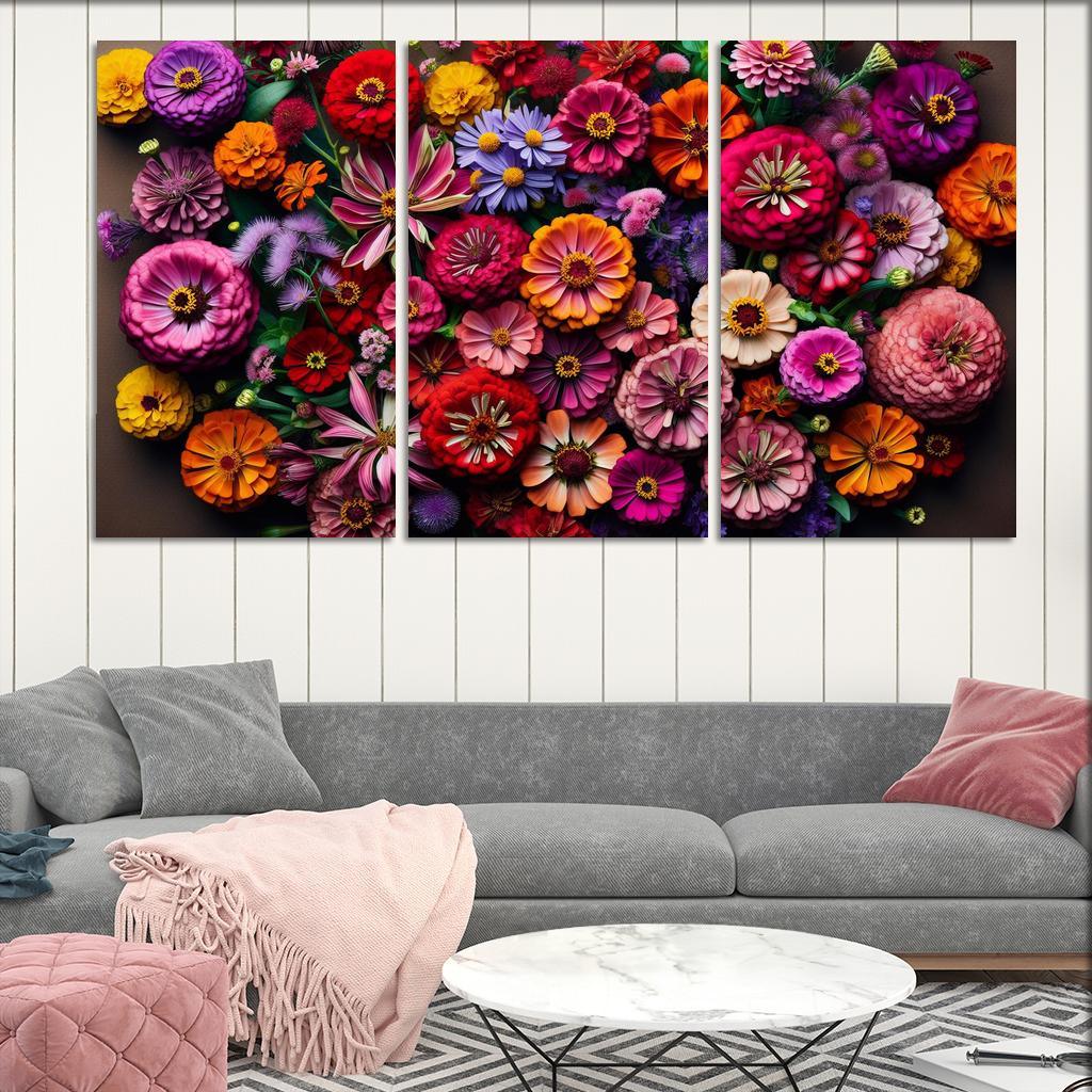 Floral Mosaic A Patchwork of Blooms 3 Piece HD Canvas Wall Art-Original Frame