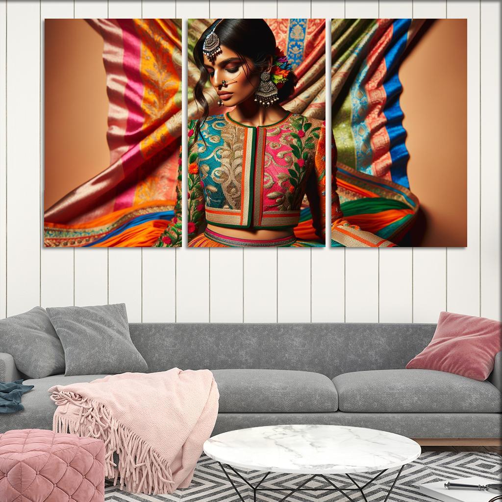 Ethnic Fusion Blending Cultures in Fashion 3 Piece HD Canvas Wall Art-Original Frame
