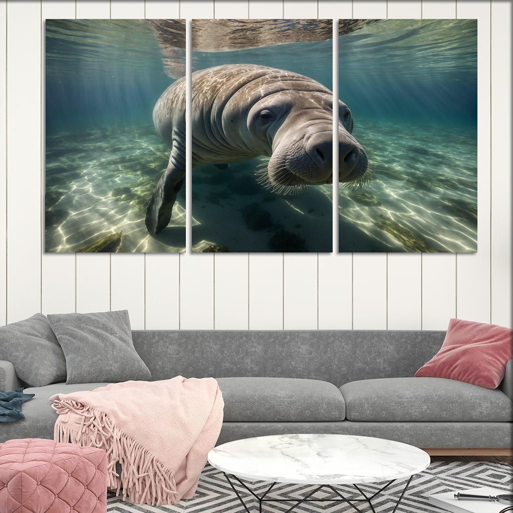 The Gentle Manatee In Calm Waters Framed Paintings