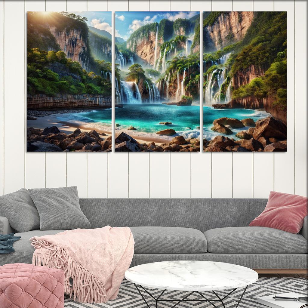 Cascading Waters Beach With Waterfalls Custom Paintings Frame